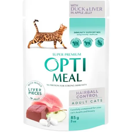Вологий корм для котів Optimeal Hairball, качка та печінка у яблучному желе (3+1 шт)