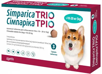 Simparica Trio жувальна таблетка для собак 10,1-20 кг