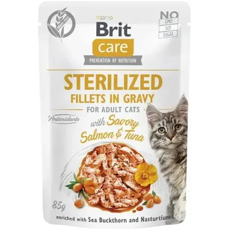 Корм вологий Brit Care Cat Стерилайзд філе в соусі для стерилізованих котів лосось і тунець пауч 85г