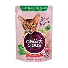 Delickcious вологий корм для котів, качка з курячим філе та шпинатом у соусі