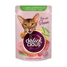 Delickcious вологий корм для котів, ягнятина з курячим філе та спаржевою квасолею у соусі