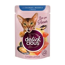 Delickcious вологий корм для котів, лосось з мідіями у соусі