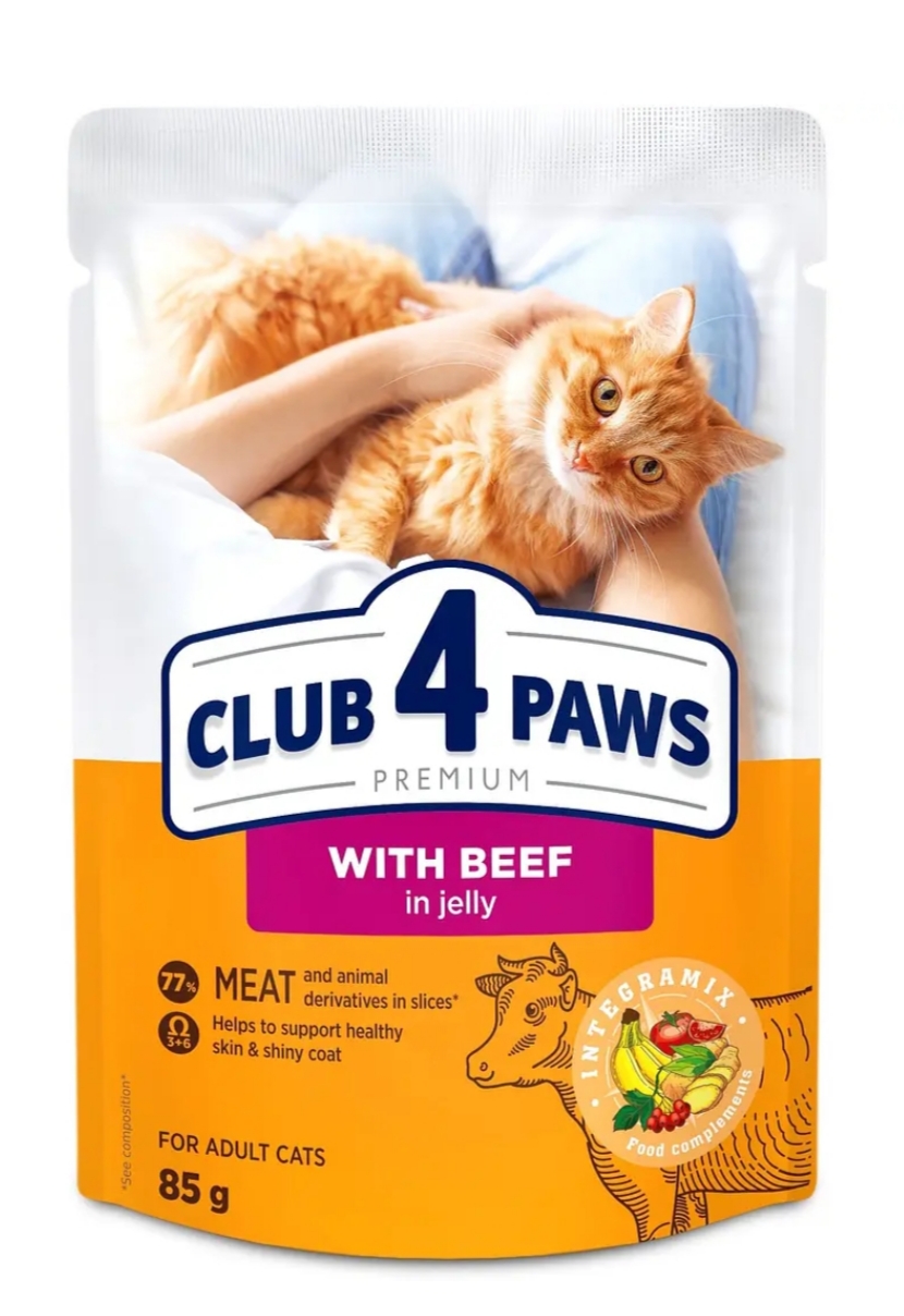 Вологий корм для котів Club 4 Paws, яловичина у желе