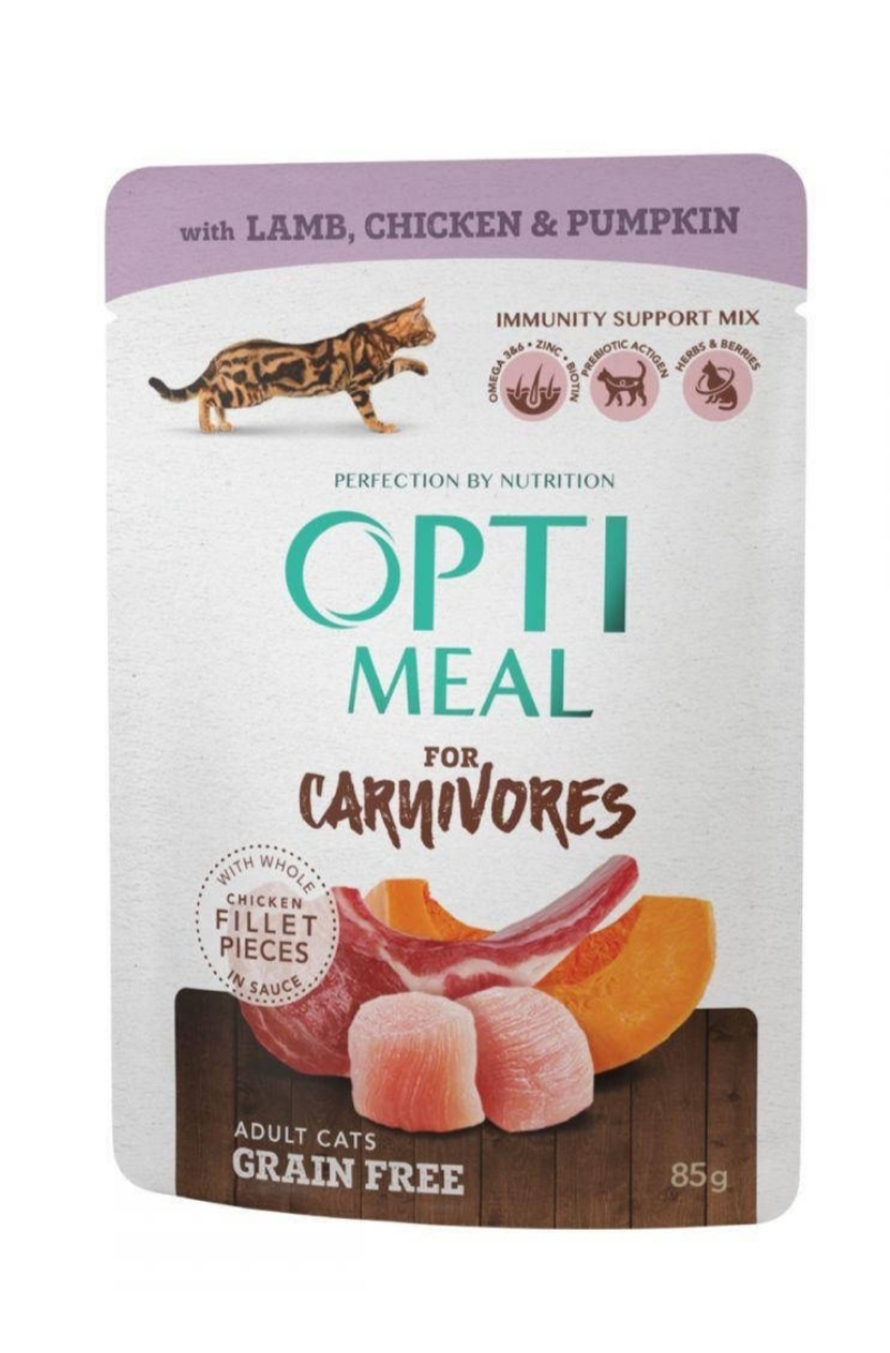 Вологий корм для котів Optimeal for Carnivores, ягня та курка з гарбузом