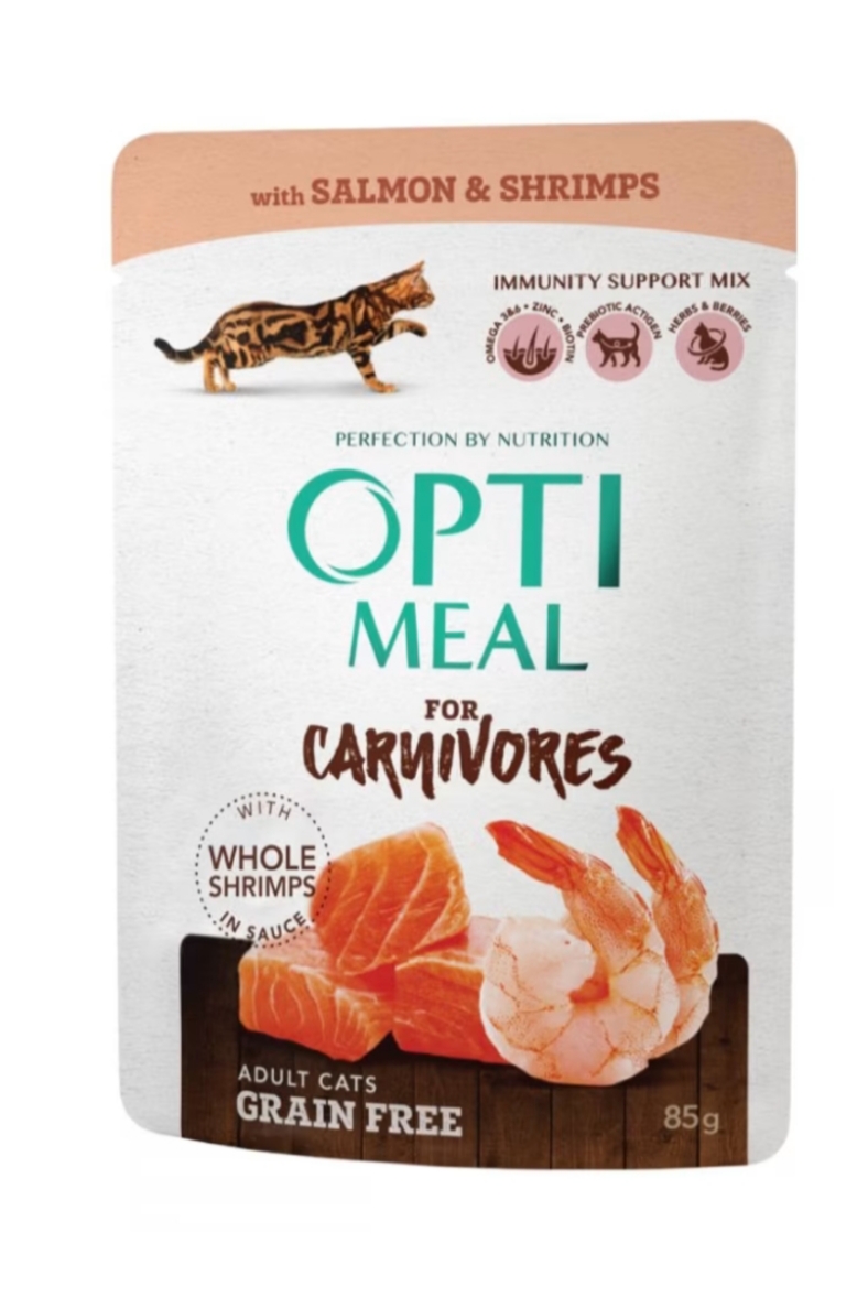 Вологий корм для котів Optimeal for Carnivores, лосось та креветки
