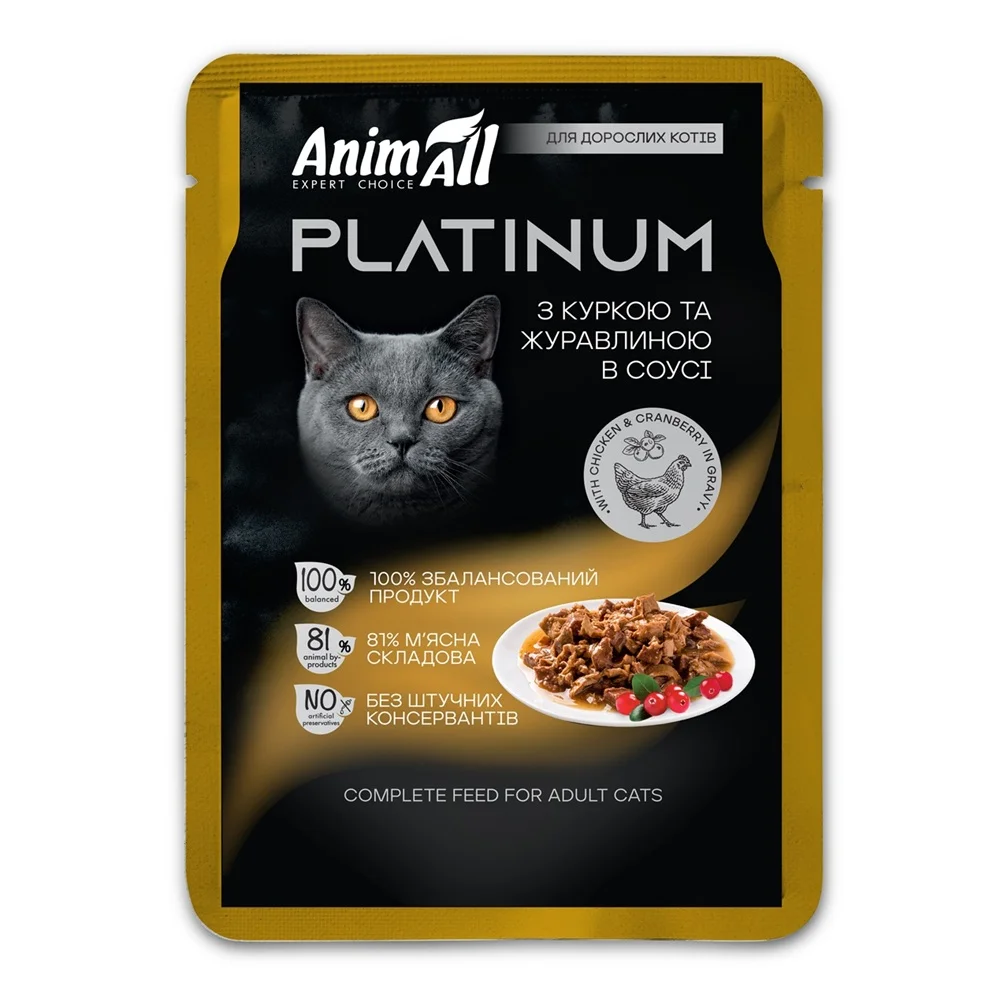 AnimAll вологий корм PLATINUM Пауч для дорослих котів з Куркою та Журавлиною в соусі, 85 г