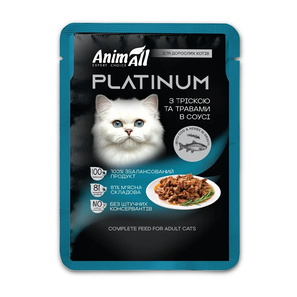 AnimAll вологий корм PLATINUM Пауч для дорослих котів з Тріскою та Травами в соусі, 85 г