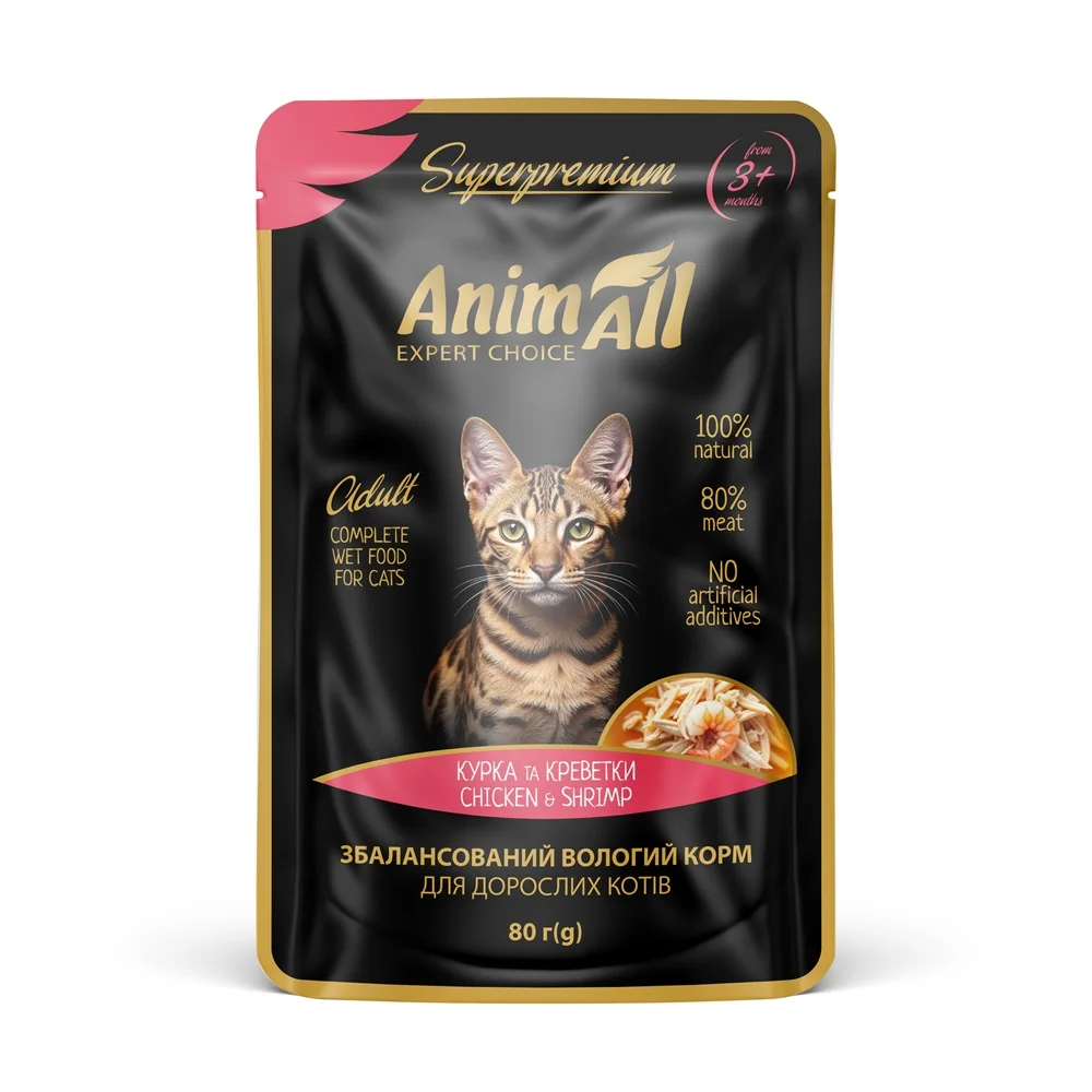 AnimAll вологий корм Пауч для котів Курка з Креветками, 80 г