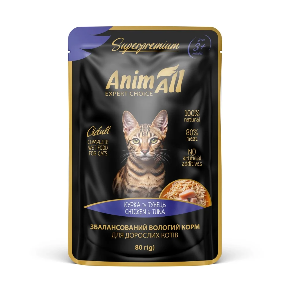 AnimAll вологий корм Пауч для котів Тунець з куркою, 80 г