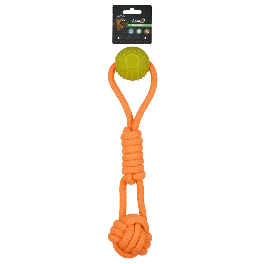 AnimAll Grizzzly Інтерактивна іграшка канат з м'ячиком, orange/yellow, (41х7х7 см), -2