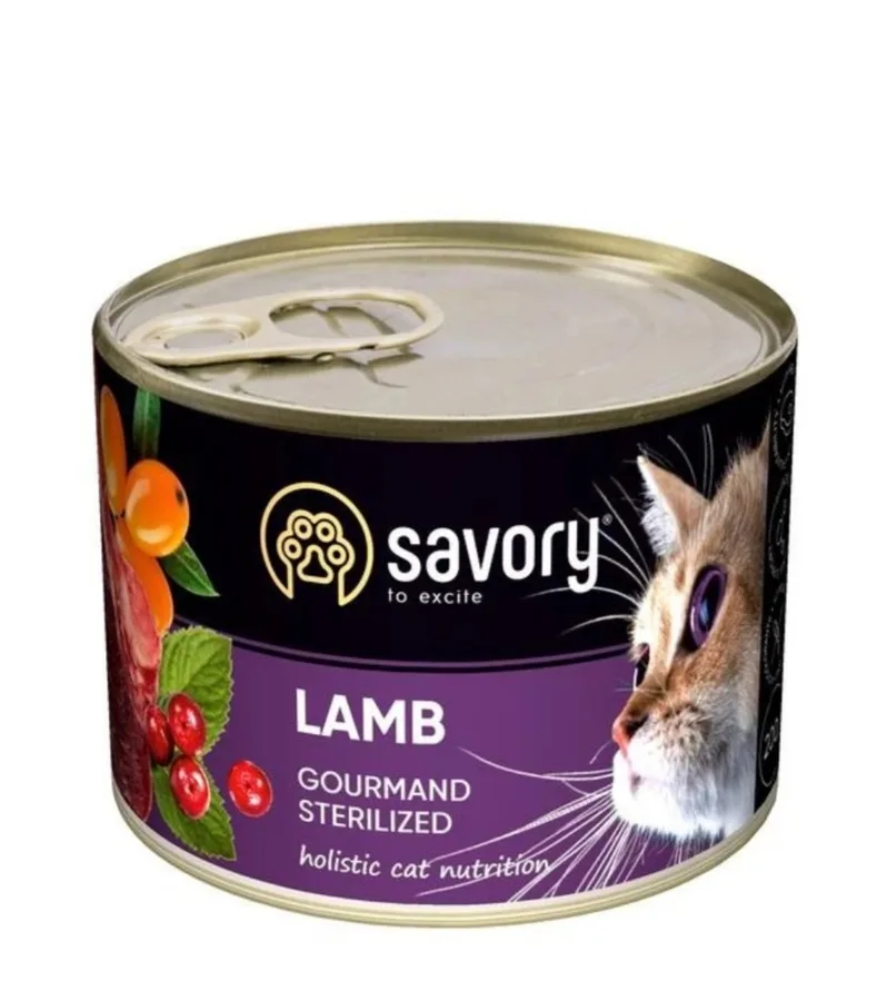 Вологий корм для котів Savory Cat Can Adult Sterilised з ягням